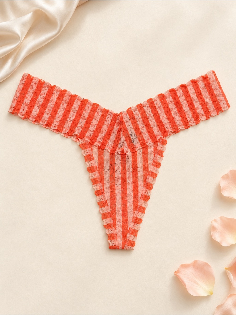 NWT Victoria’s Secret Coral & Pink Striped Lace Thong Size Medium